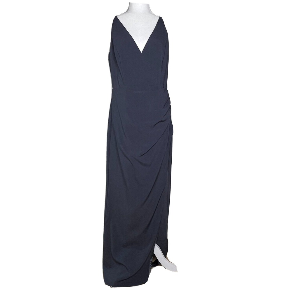 Monique Lhuillier Bridesmaids Maxi Gown Womens 14 Navy Blue Excellent Wrap Front